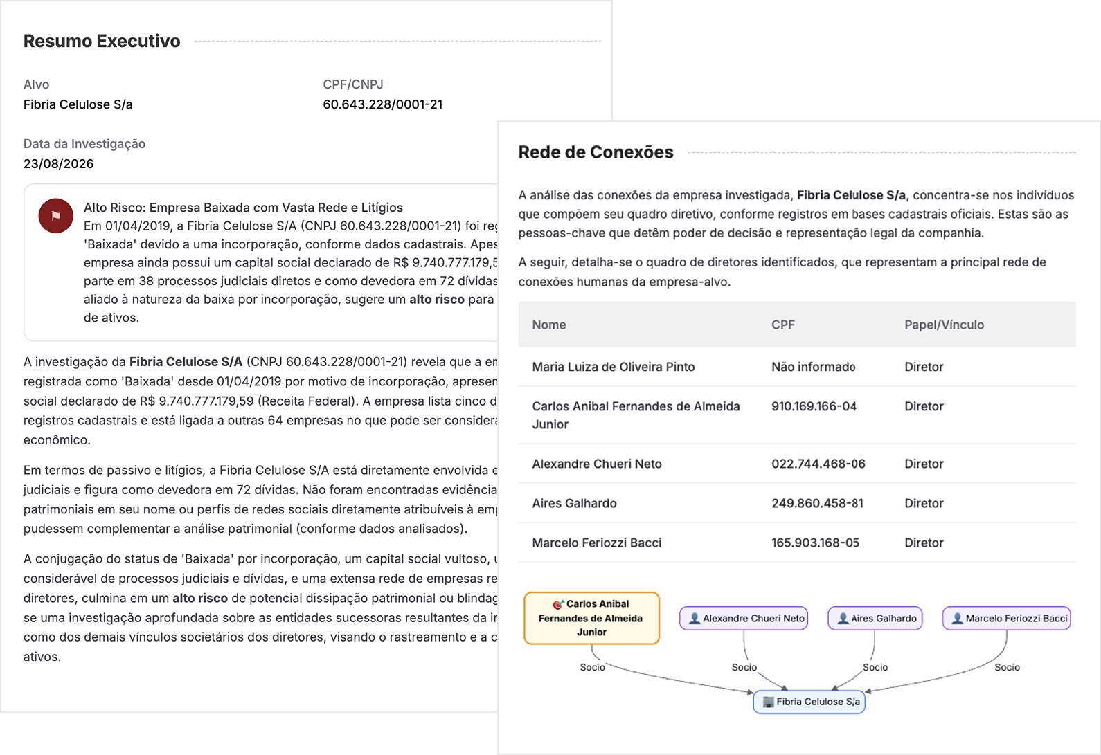 Dossiê com resumo executivo, análise textual e rede de conexões da empresa investigada