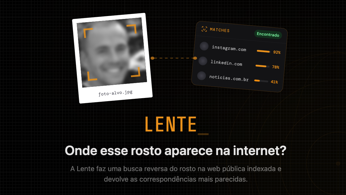 Lente comparando um rosto com correspondências encontradas na internet
