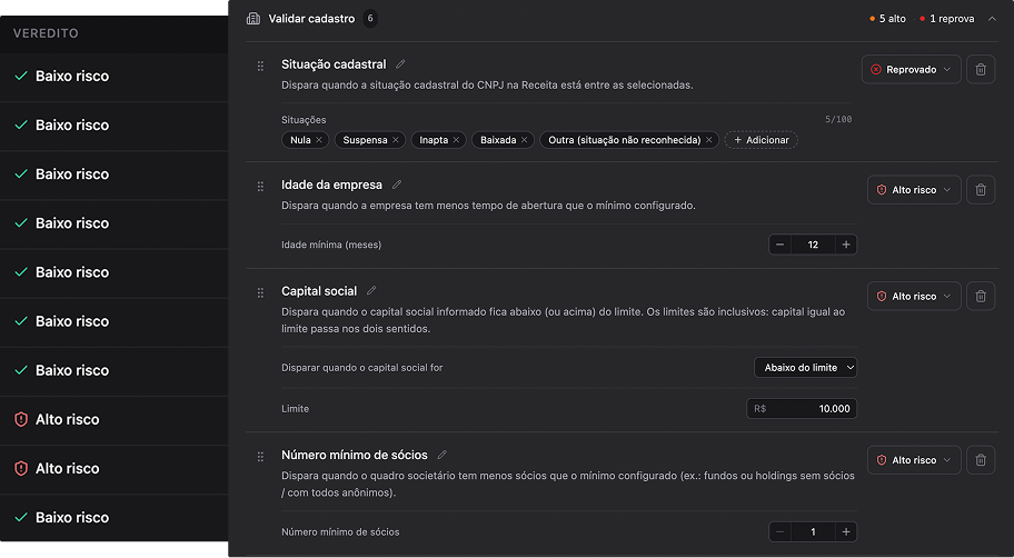Configuração de regras no Motor de Análise ao lado dos veredictos de risco